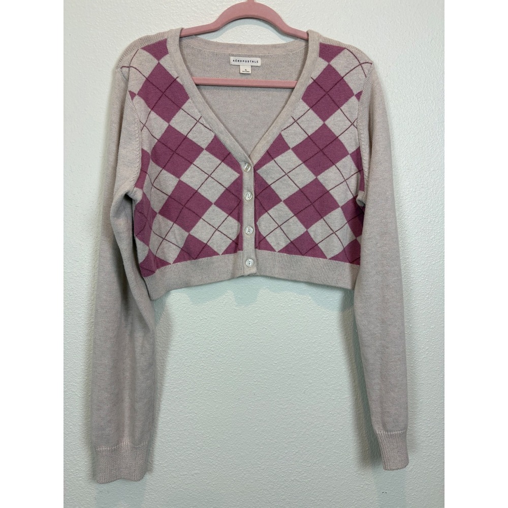 Aeropostale Argyle Cropped Cardigan Sweater Large Preppy Y2K Academia Clueless